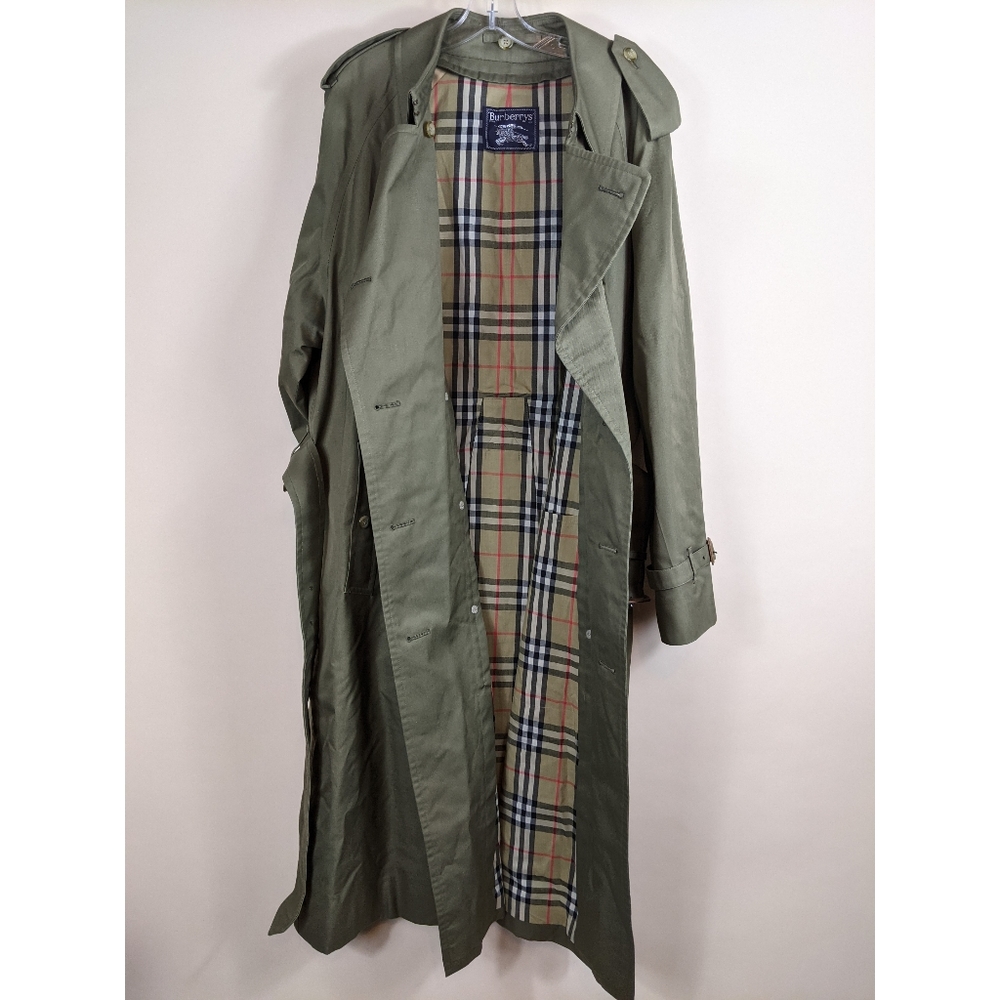 Vintage Burberrys Olive Green Trench Coat Nova Check Wool Removable Lining 46R